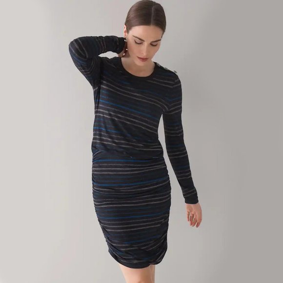 WHBM $120 Ruched Blouson Lurex Knit Dress Black Striped S M L - Picture 2 of 7
